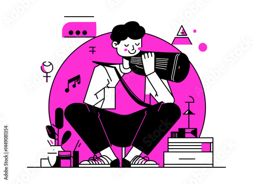 Creative Illustration of a Young Man Enjoying Music and Art