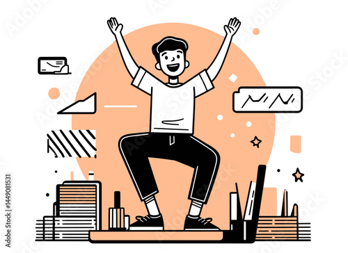 Cheerful Cartoon Character Celebrating in a Flat Doodle Illustration