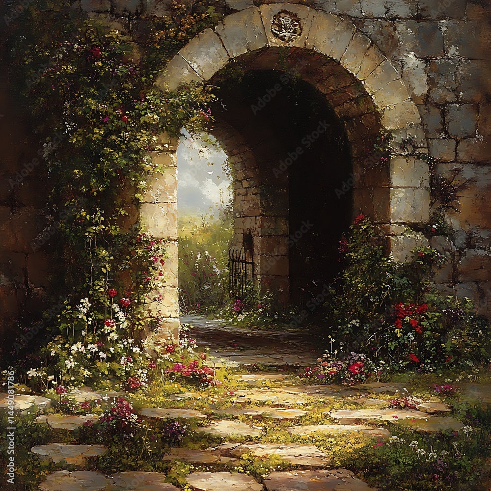 Fototapeta premium Arched Gateway To A Forgotten Crypt Covered In Moss And Flowers,