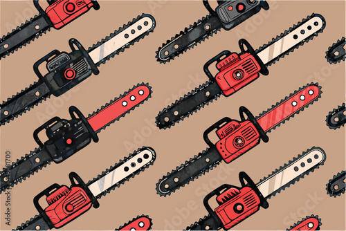 Create a bold, stylized graphic design featuring repeating chainsaws and dramatically torn, fleshy limbs.  The style should be heavily graphic and impactful.