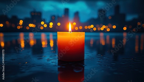 Burning candle with city night reflection.