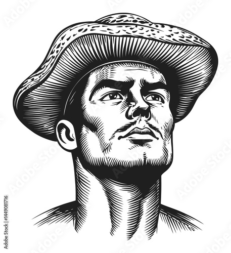 Detailed Engraving of a Man in a Hat with Strong Features