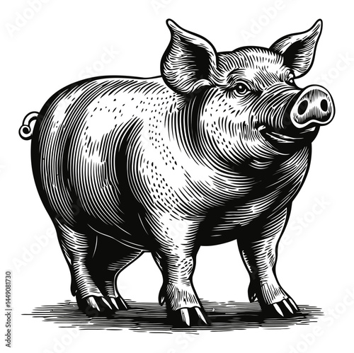 Detailed Engraving of a Standing Pig in Traditional Style Illustration
