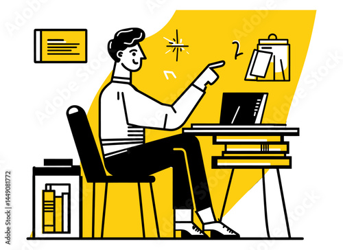 Man Working at Desk with Laptop in Bright Doodle Illustration