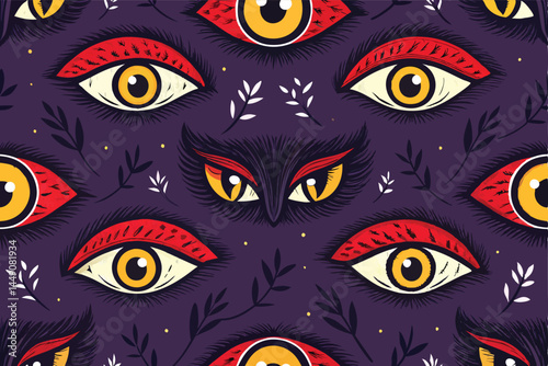 Create a stylized, seamless pattern featuring multiple unsettling, staring eyes in a horror theme.  The eyes should be varied in style and detail.