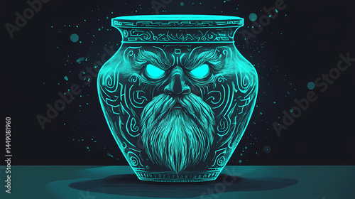 Viking ancient jar with frost giant motifs, glowing in the icy wind. norse frost giant. illustration. [Electric Myths] | Neon Trolls | glowing giants. Illustration