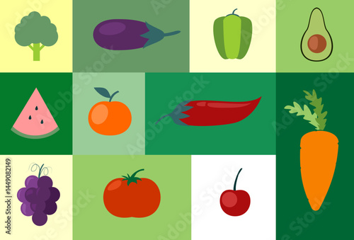 Various fruits and vegetables on mosaic tiles theme