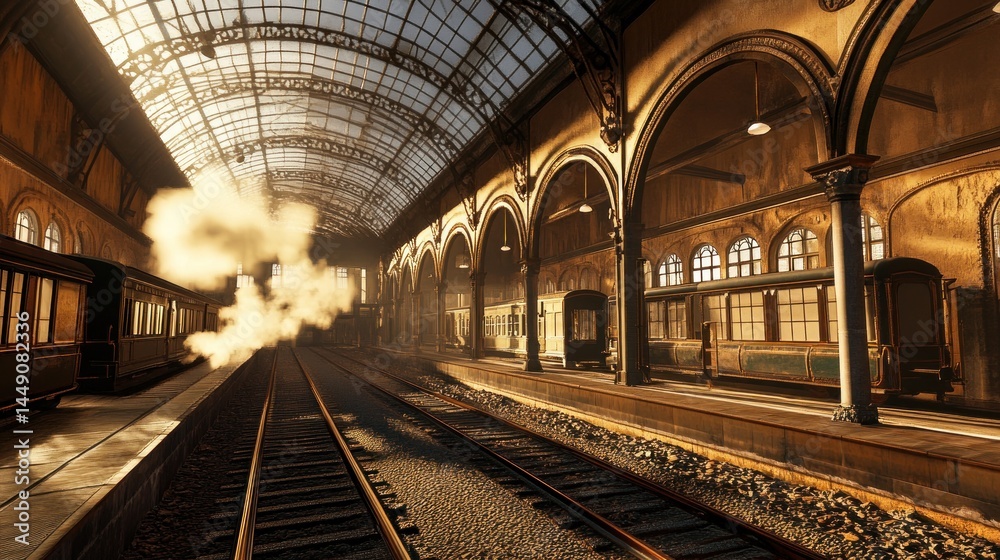 A nostalgic journey through time: Steam train at a vintage train station A nostalgic journey through time: Steam train at a vintage train station