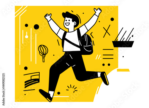 Cheerful Young Person Celebrating in Minimalist Flat Doodle Style