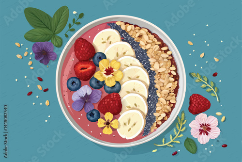 Create a vibrant flat-lay vector illustration of a smoothie bowl from a top-down perspective, showcasing colorful fruits and toppings.