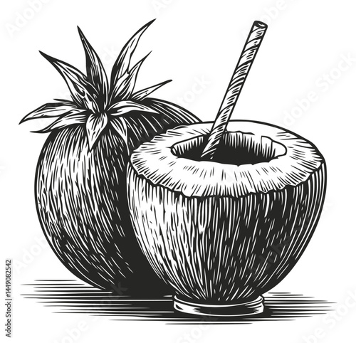 Engraved Illustration of Pineapple and Coconut with Straw