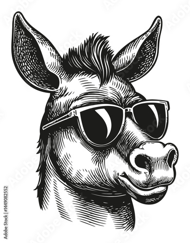 Detailed Vintage Engraving of a Stylish Donkey Wearing Sunglasses