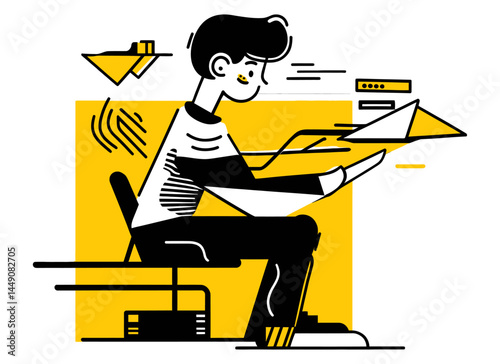 Young Person Creating Paper Airplane in Minimalist Doodle Style