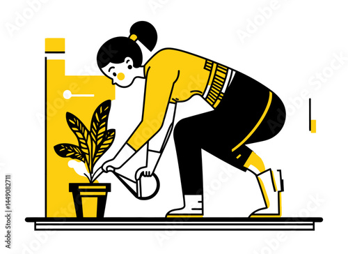 Stylish Doodle Illustration of Woman Watering Plant in Indoor Space