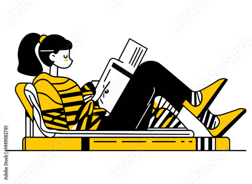 Young Woman Relaxing with Book in Cozy Flat Doodle Illustration