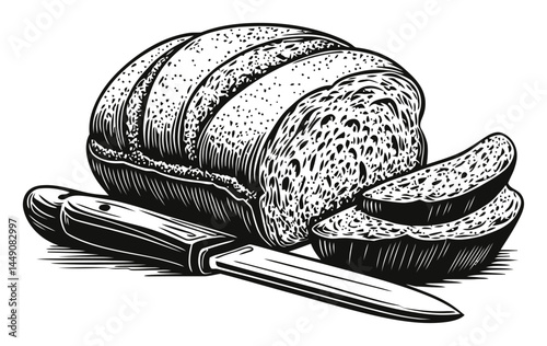 Detailed Engraving of Sliced Bread with a Knife Illustration