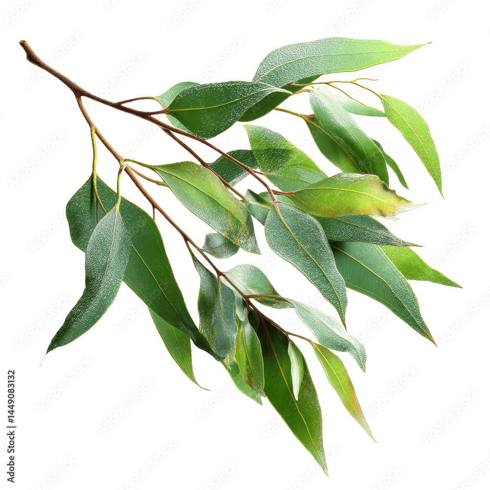 Fototapeta premium Dew-Kissed Eucalyptus Branch Aromatic Green Leaves for Natural Wellness and Design