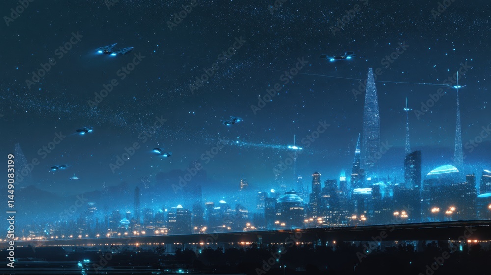 Fototapeta premium A futuristic city skyline illuminated by blue and neon lights under a starry night sky, featuring sleek skyscrapers and flying vehicles navigating the atmosphere. The scene is filled with a sense of a