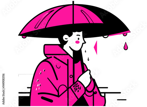 Stylish Doodle Illustration of a Person Under a Bright Umbrella