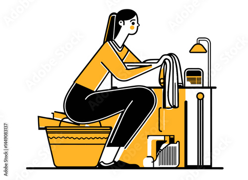 Woman Sitting in Laundry Room with Basket and Clothes Illustrated Doodle