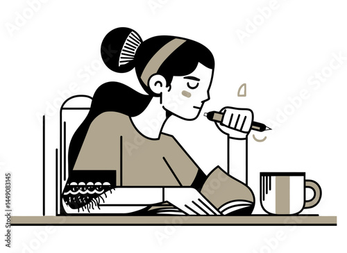 Young Woman in Doodle Style Illustration Working on Creative Project