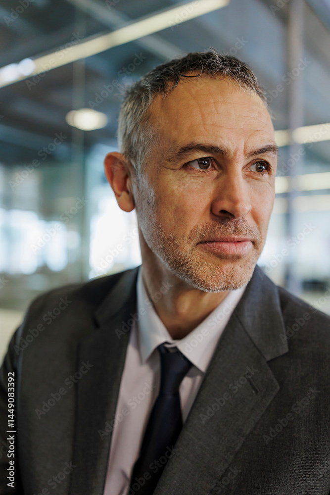 Pensive formal businessman contemplating in modern office Pensive formal businessman contemplating in modern office
