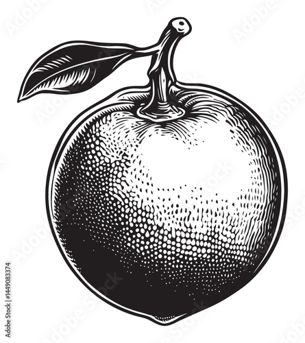 Detailed Black and White Engraving of a Single Orange Fruit