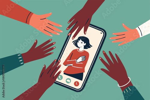 Create a vibrant vector art illustration depicting numerous hands emerging from a smartphone screen, reaching outwards.