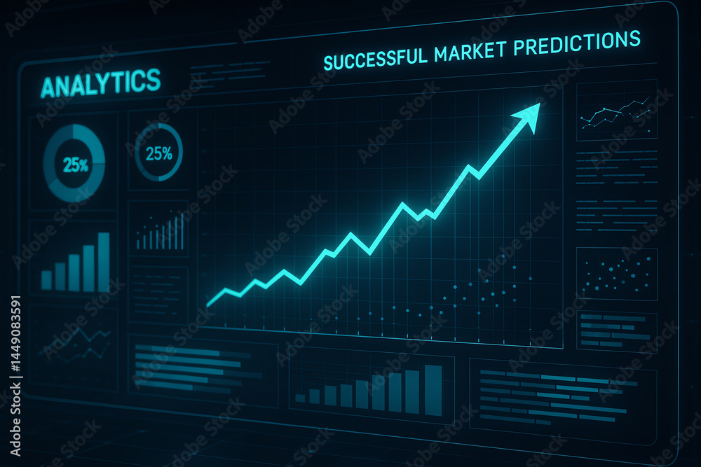 This image showcases a futuristic analytics dashboard displaying successful market predictions with dynamic graphs and metrics, highlighting trends and data visualization. This image showcases a futuristic analytics dashboard displaying successful market predictions with dynamic graphs and metrics, highlighting trends and data visualization.