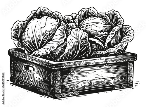 Vintage Engraving of Cabbages in a Wooden Crate Illustration