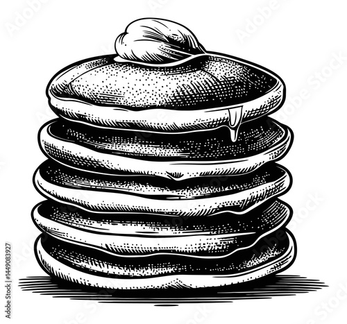 Vintage Engraving of Stack of Delicious Pancakes with Butter