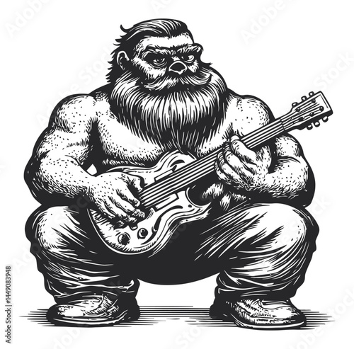 Muscular Man Playing Guitar in Vintage Engraving Style Illustration