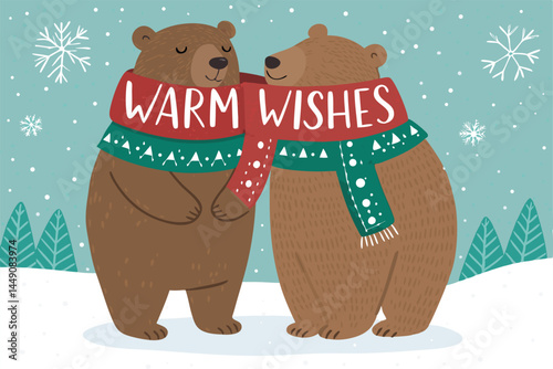 Create a vector illustration of a cuddly bear couple wearing cozy scarves, exchanging warm wishes, perfect for winter holiday cards.
