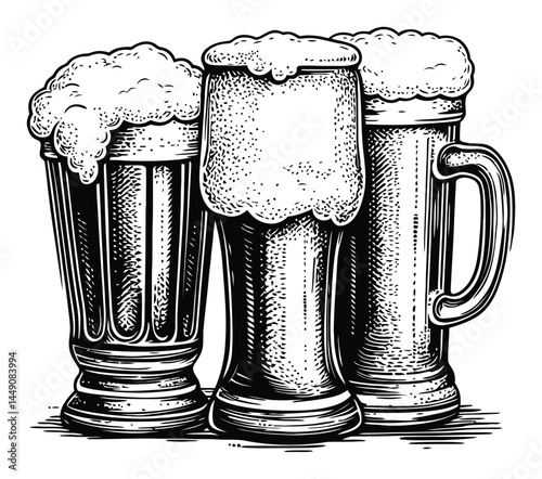 Vintage Engraving of Three Beer Glasses with Foam Tops