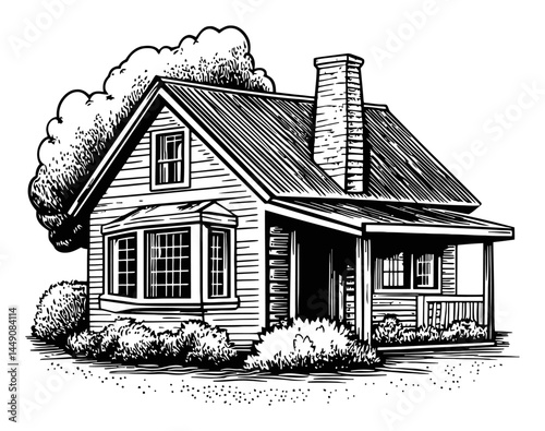 Detailed Engraving of a Cozy House Surrounded by Lush Trees