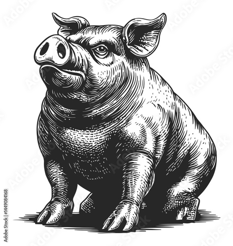 Detailed Black and White Engraving of a Realistic Pig Illustration