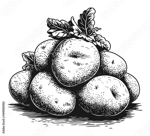 Detailed Engraving of Fresh Potatoes with Leaves on Top