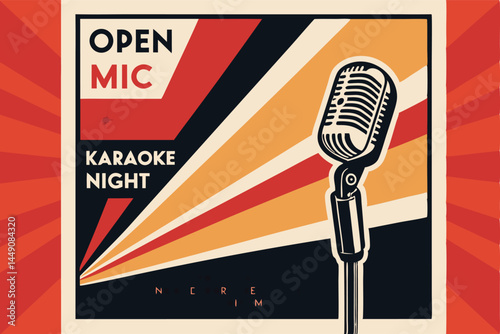 Design a vibrant vector poster for a "Bohemian Open Mic Karaoke Night" at a club, featuring a microphone, musical notes, and stylized bohemian patterns.
