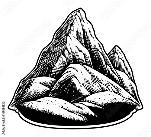 Detailed Engraving of Rocky Mountain Landscape in Monochrome Style