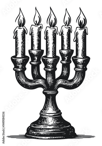 Vintage Engraving of a Five-Arm Candelabra with Flames
