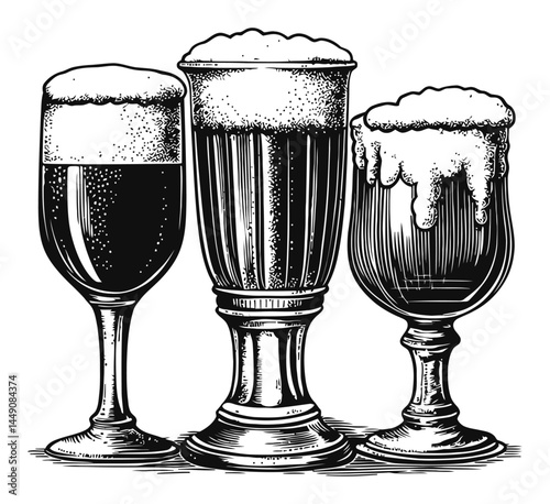 Vintage Engraving of Three Beer Glasses with Foam Illustration