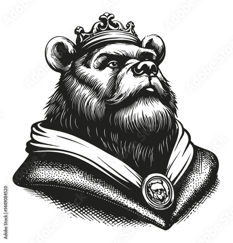 Regal Bear Illustration with Crown and Cloak in Engraving Style