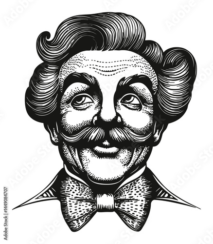 Vintage Engraving Illustration of a Mustachioed Man with Bow Tie