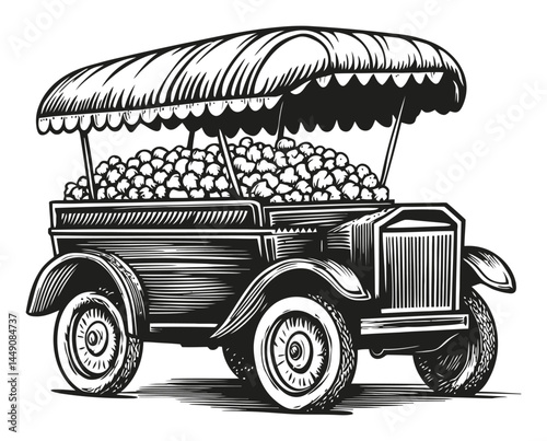 Vintage Engraving of a Decorative Popcorn Cart with Bountiful Popcorn