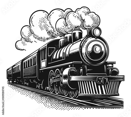 Vintage Engraved Illustration of a Classic Steam Locomotive Train