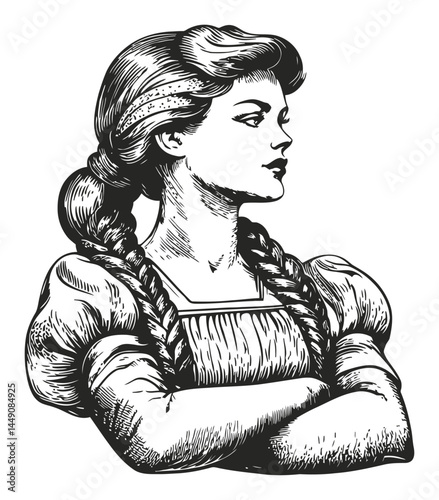 Vintage Engraved Female Portrait with Braided Hair and Strong Stance