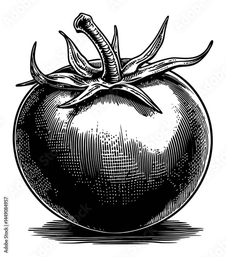 Detailed Hand-Drawn Engraving of a Fresh Tomato with Leafy Stem