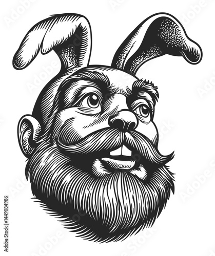 Vintage Engraving of a Rabbit Head with Mustache and Big Ears