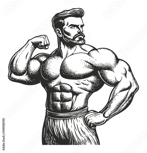 Muscular Man Flexing Biceps in Vintage Style Engraving Artwork