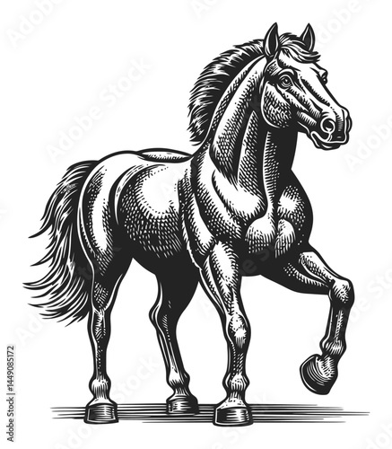 Detailed Engraving of a Striking Horse Illustration in Black and White